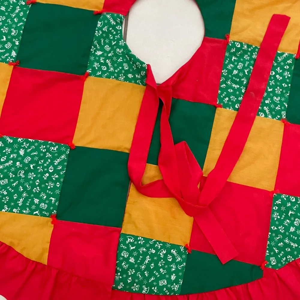 Vintage Handmade Patchwork Multicolor tree skirt with ruffle Red, Green, Gold